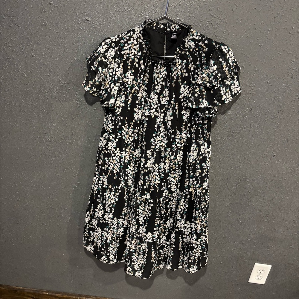 SHEIN Black Floral Smocked Neck Babydoll Dress with Teal & Cream Accents